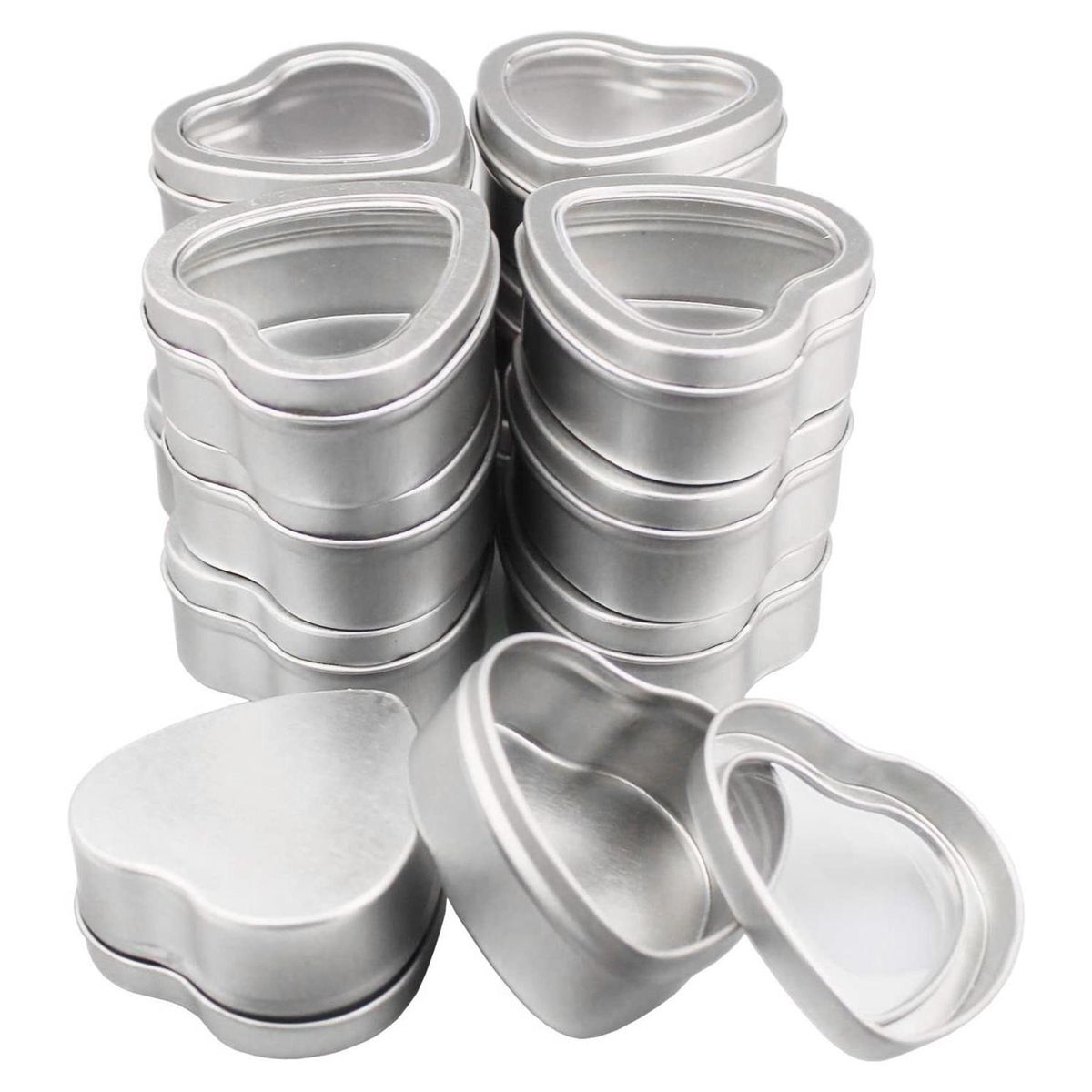 20Pcs Empty Heart Shaped Silver Tins with Flat Cover Closed