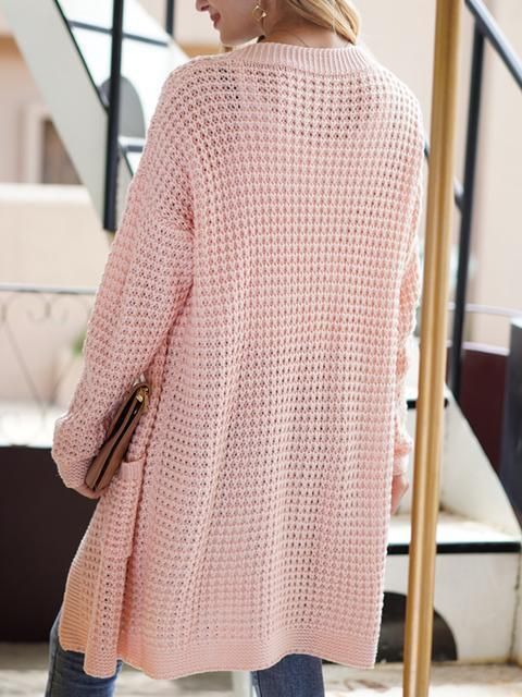 Women Solid Loose Knitted Dual Pocket Drop Shoulder Cardigan Sweater - Baby Pink