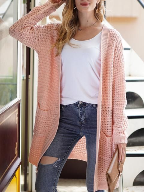 Women Solid Loose Knitted Dual Pocket Drop Shoulder Cardigan Sweater - Baby Pink