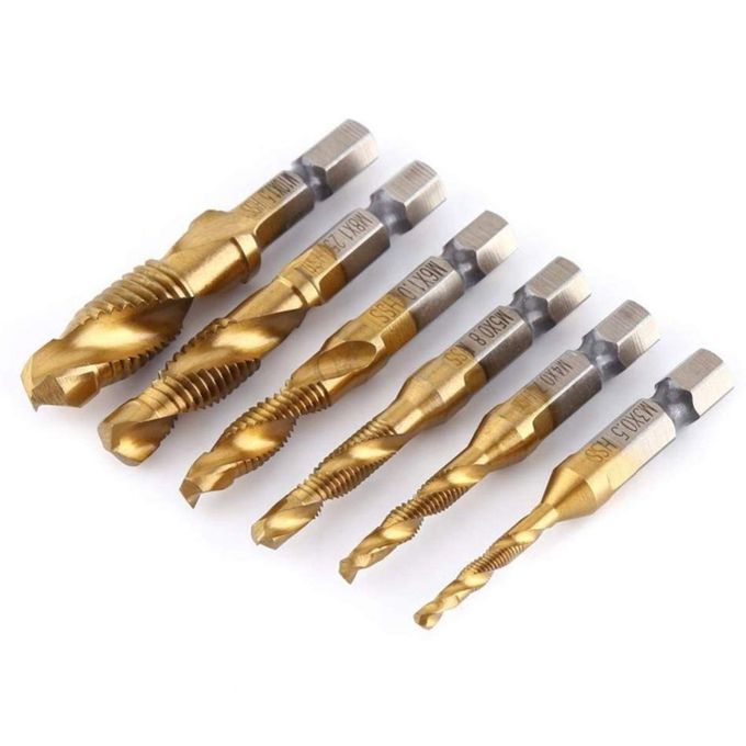 6Pcs Hex Shank Titanium Plated HSS Screw Thread Metric Tap Drill Bits