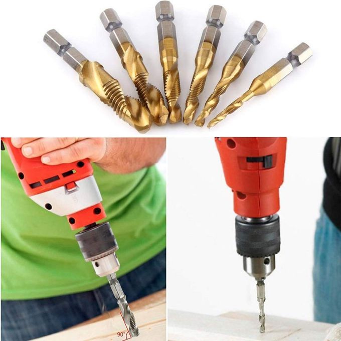 6Pcs Hex Shank Titanium Plated HSS Screw Thread Metric Tap Drill Bits