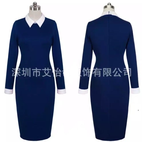 Debabestores Blue Longsleeve Bodycon Midi Dress With White Collar