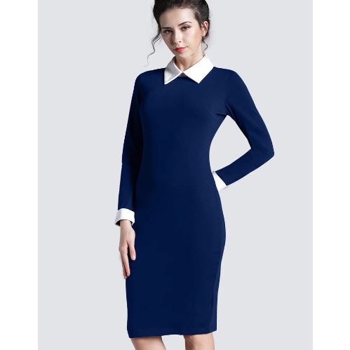 Debabestores Blue Longsleeve Bodycon Midi Dress With White Collar