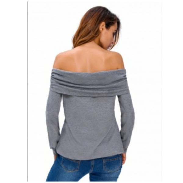 Fold Over Off Shoulder Warm Sweatshirt - Grey