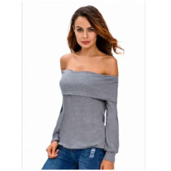 Fold Over Off Shoulder Warm Sweatshirt - Grey