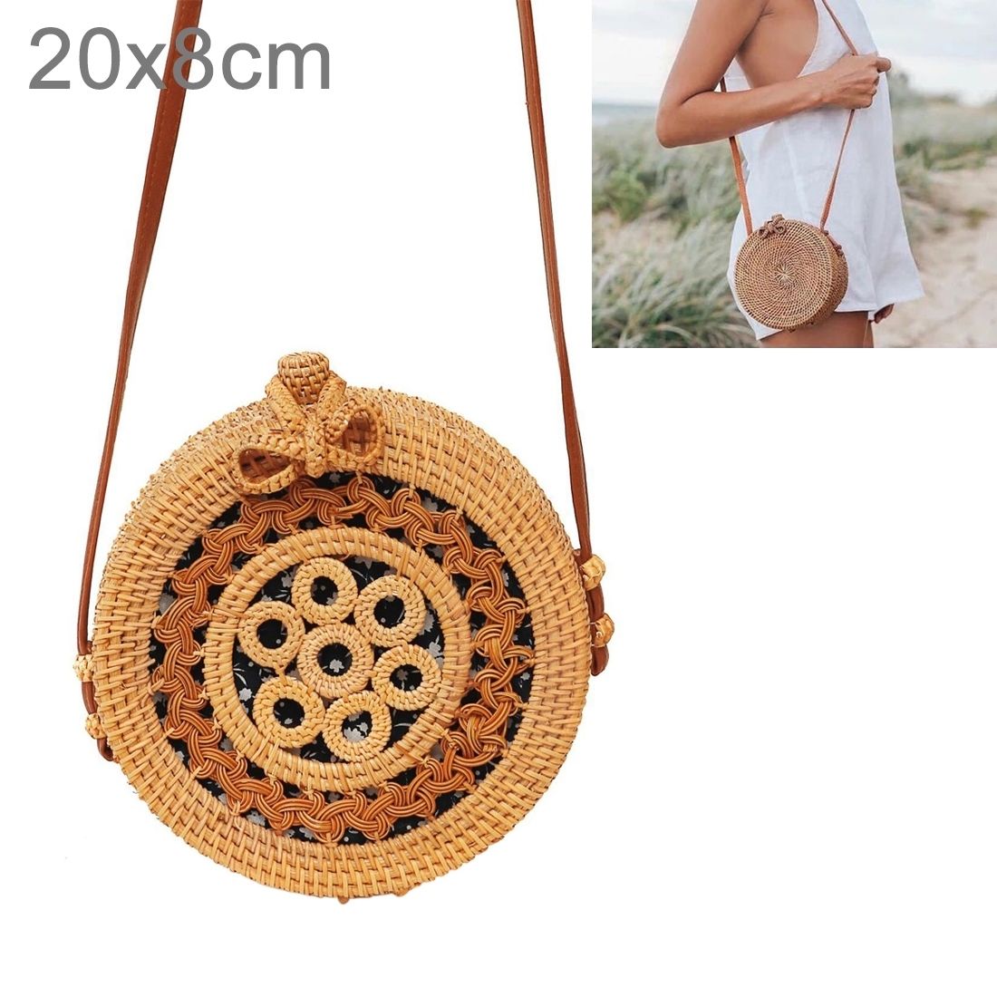 Circular Lace Style Autumn Rattan Handmade Rattan Bag  Vintage Art Beach Ladies Diagonal Bag, Size:20x20x8cm