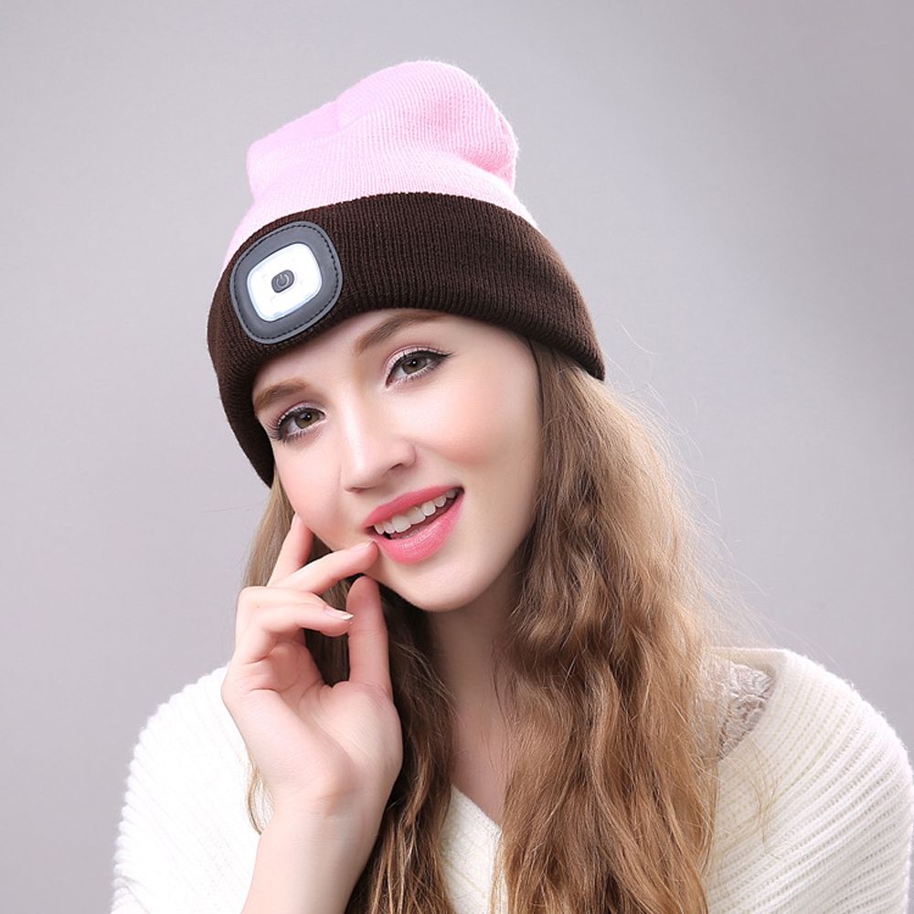 Unisex Warm Winter Polyacrylonitrile Knit Hat Adult Head Cap With 4 LED Lights(Pink)