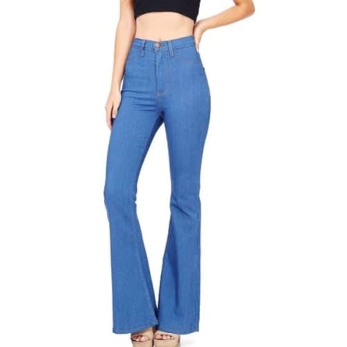 Ladies High Waist Bell Bottom Jeans - Blue