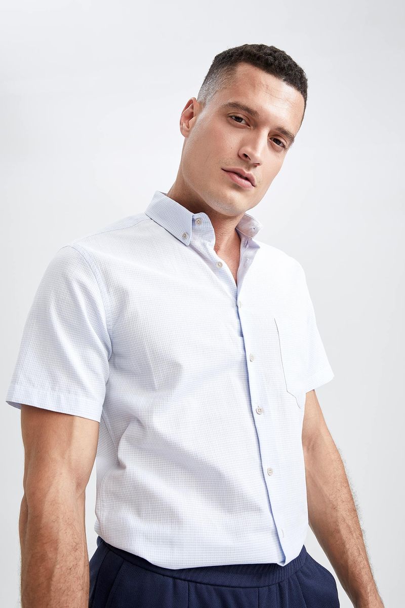 Man Smart Casual Slim Fit Buttondown Polo Neck Woven Short Sleeve Shirt - Blue