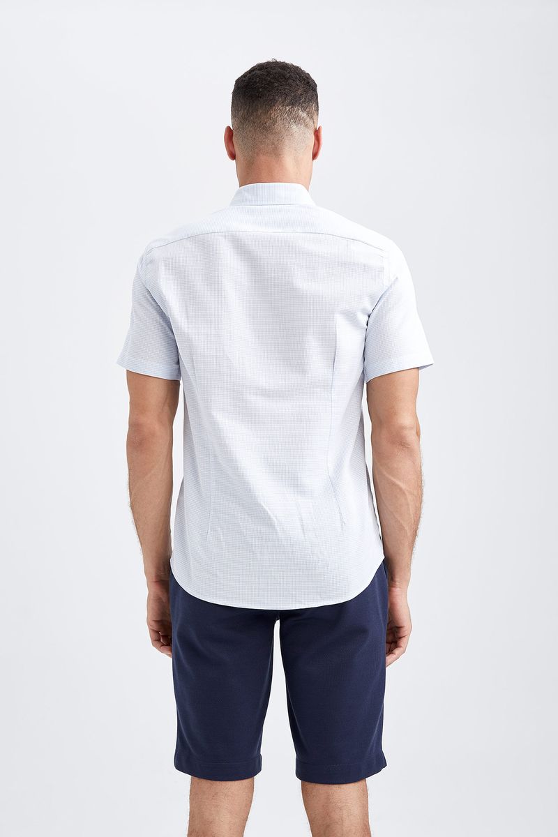 Man Smart Casual Slim Fit Buttondown Polo Neck Woven Short Sleeve Shirt - Blue