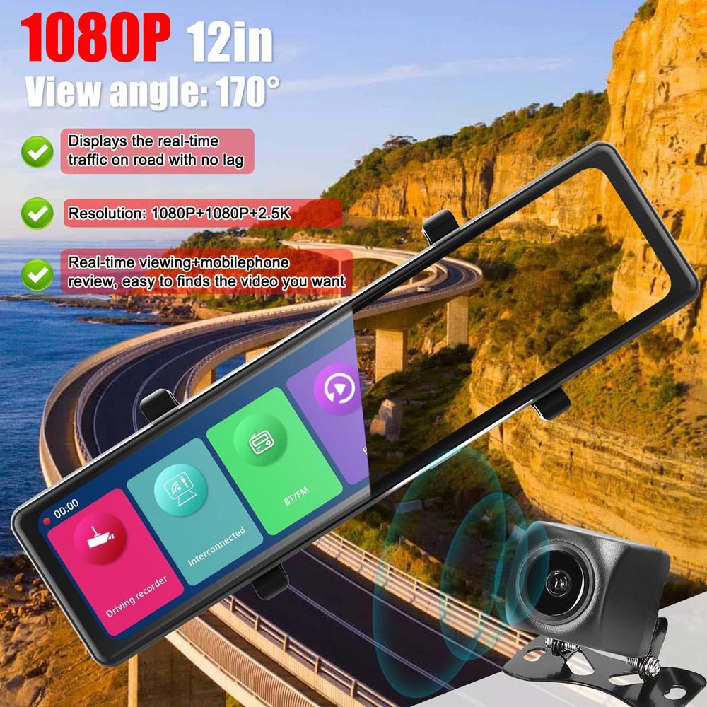3 Cameras Dash Cam 12in 2.5K Clear Car Rearview Mirror BT Car Video Recording Camcorder Touched Screen Car Camera Recorder Carplay Auto Driving Recorder