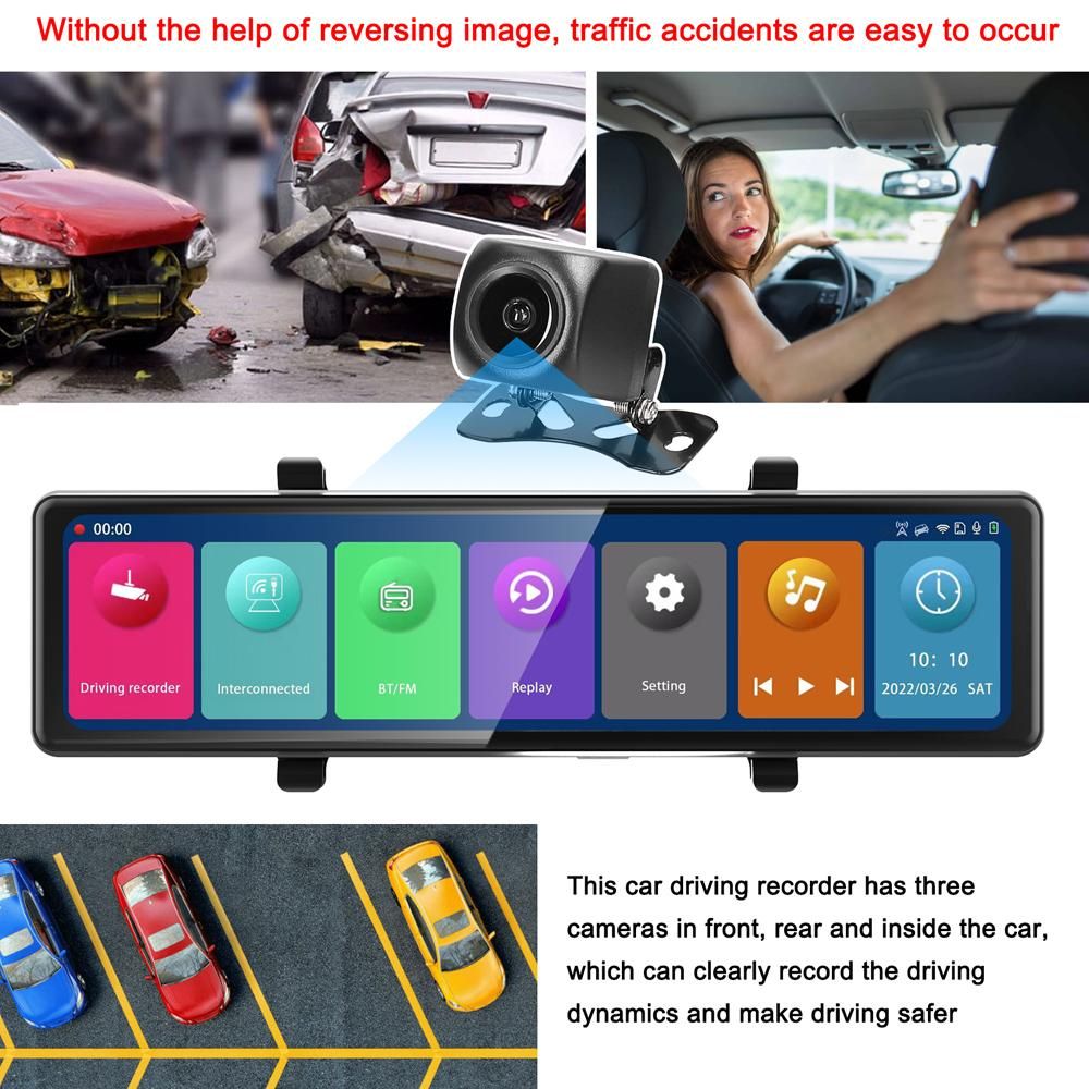 3 Cameras Dash Cam 12in 2.5K Clear Car Rearview Mirror BT Car Video Recording Camcorder Touched Screen Car Camera Recorder Carplay Auto Driving Recorder