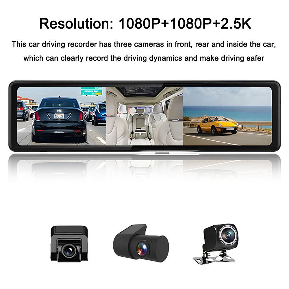 3 Cameras Dash Cam 12in 2.5K Clear Car Rearview Mirror BT Car Video Recording Camcorder Touched Screen Car Camera Recorder Carplay Auto Driving Recorder