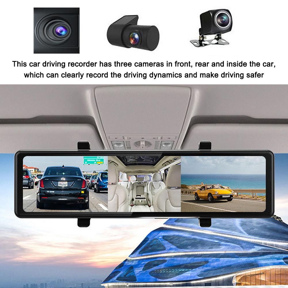 3 Cameras Dash Cam 12in 2.5K Clear Car Rearview Mirror BT Car Video Recording Camcorder Touched Screen Car Camera Recorder Carplay Auto Driving Recorder