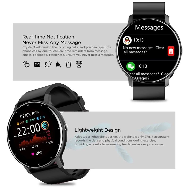 Smart Watch Men Women Full Touch Screen Sport Fitness Watch IP67 Waterproof Bluetooth For Android IOS Smartwatch Men(#Black)