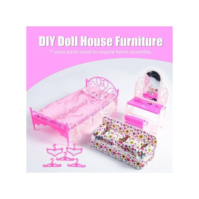 The Old Tree Barbie Doll House Furniture Living Room Pink Sofa Bed Dressing Table Hanger Set
