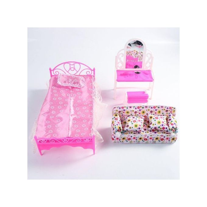 The Old Tree Barbie Doll House Furniture Living Room Pink Sofa Bed Dressing Table Hanger Set