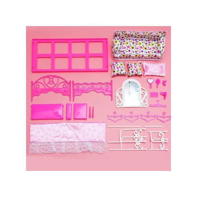 The Old Tree Barbie Doll House Furniture Living Room Pink Sofa Bed Dressing Table Hanger Set
