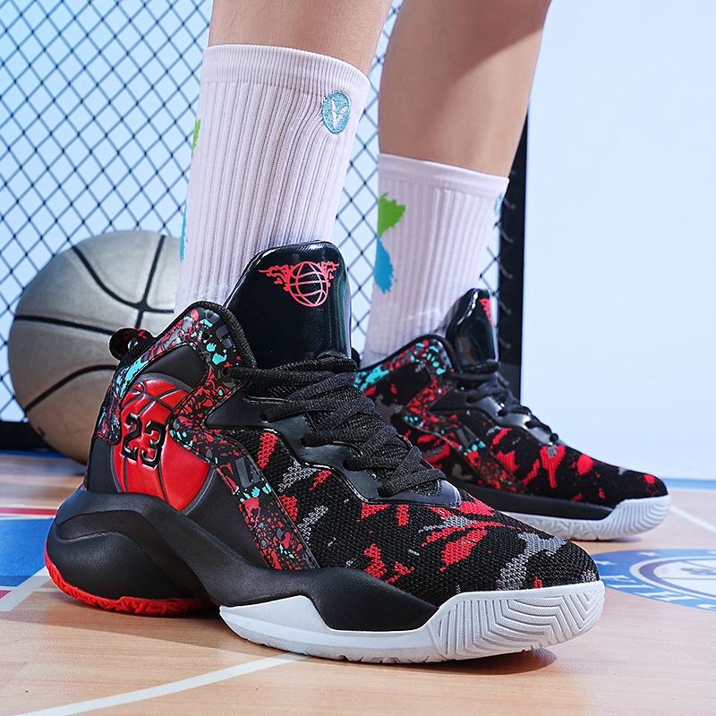 Men's Big Size Non-Slip Sneakers Breathable Basketball Shoes-Black Red