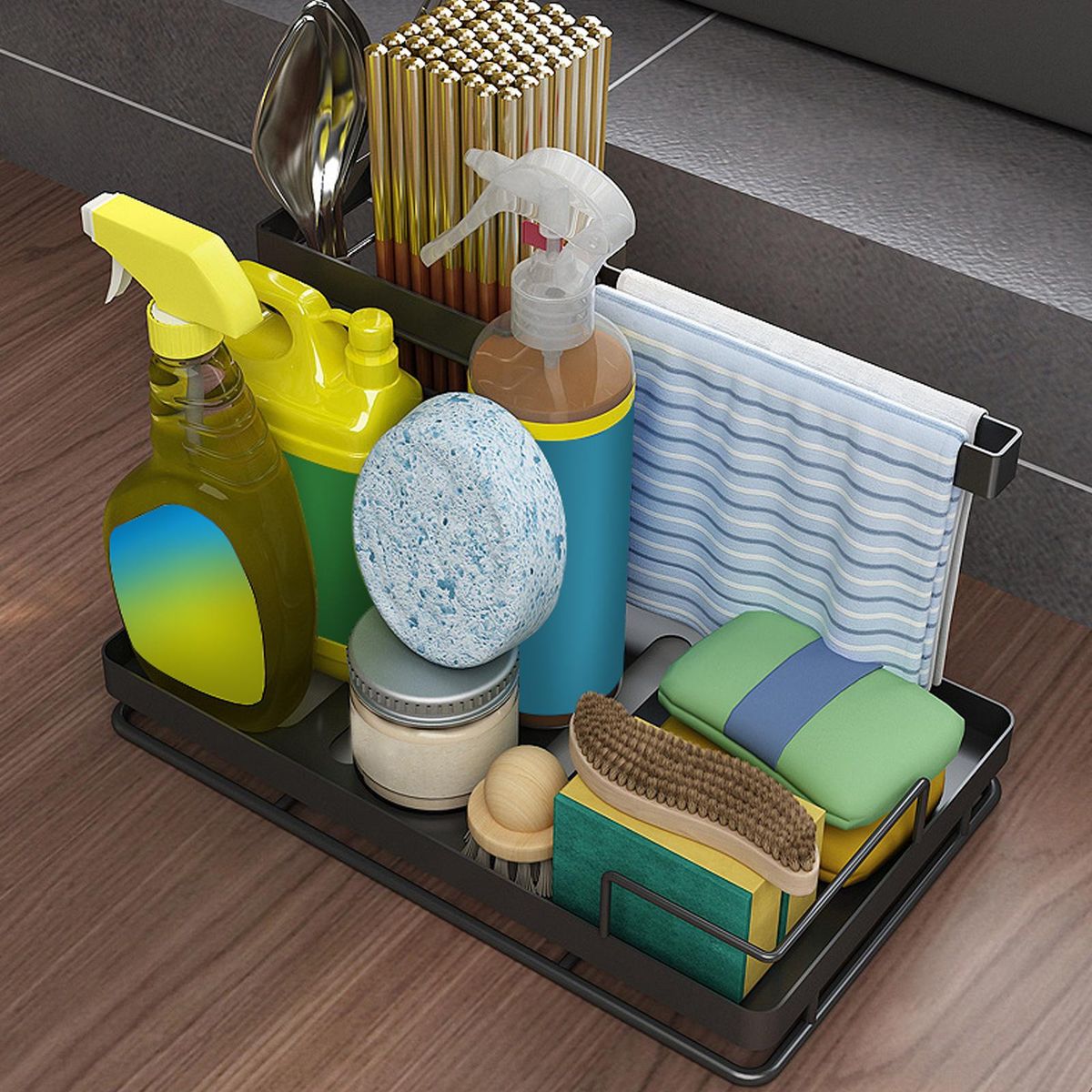 Kitchen Sink Organizer Caddy with Drain Pan Tray Sponge Scrubber Brush Dishcloth Holder Counter Rack Anti-Rust Surface Treatment - Black