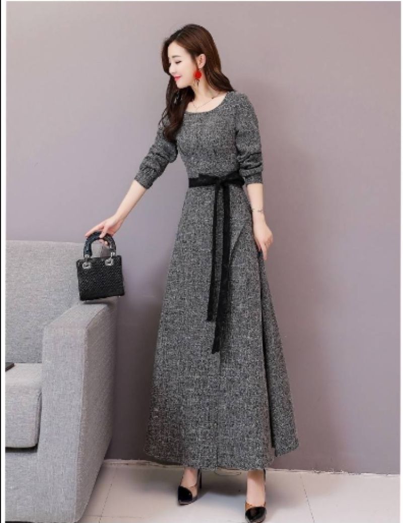 Waist Long Dress Grey