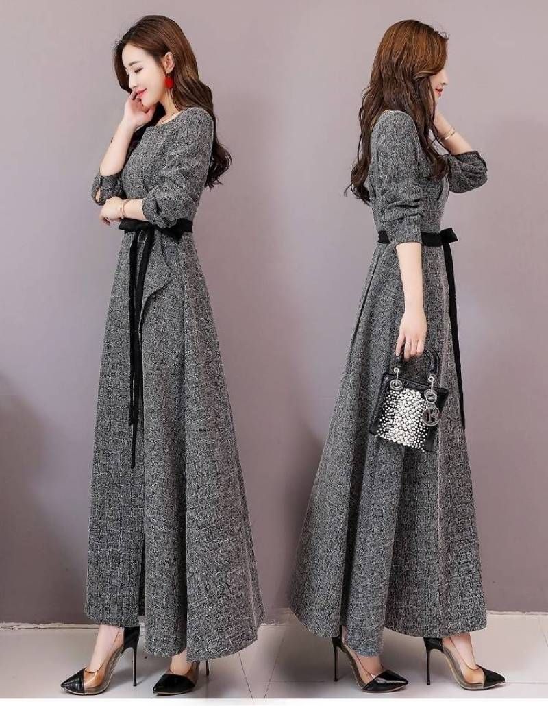 Waist Long Dress Grey