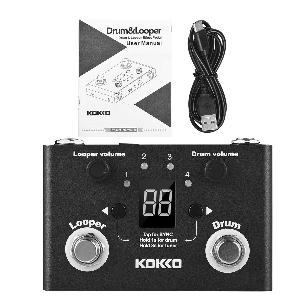 KOKKO Multifunctional Drum & Looper Effect Pedal Tuner BT Page-Turner Phrase Loop Recording Drum Machine Effect Compact Pedal Portable Musical Instrument Effect Pedal Digital Tuner