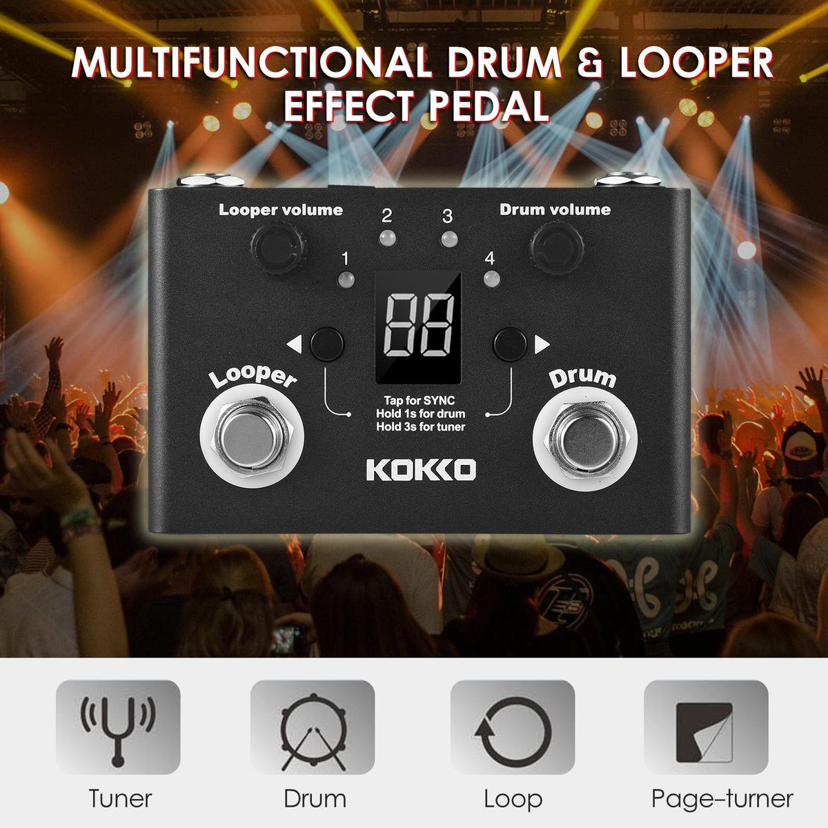 KOKKO Multifunctional Drum & Looper Effect Pedal Tuner BT Page-Turner Phrase Loop Recording Drum Machine Effect Compact Pedal Portable Musical Instrument Effect Pedal Digital Tuner