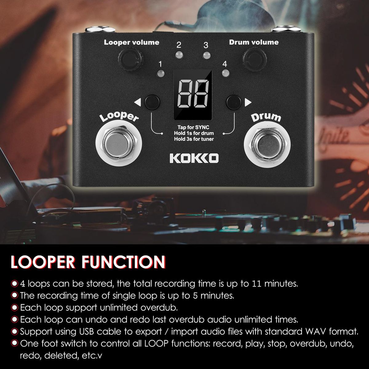 KOKKO Multifunctional Drum & Looper Effect Pedal Tuner BT Page-Turner Phrase Loop Recording Drum Machine Effect Compact Pedal Portable Musical Instrument Effect Pedal Digital Tuner