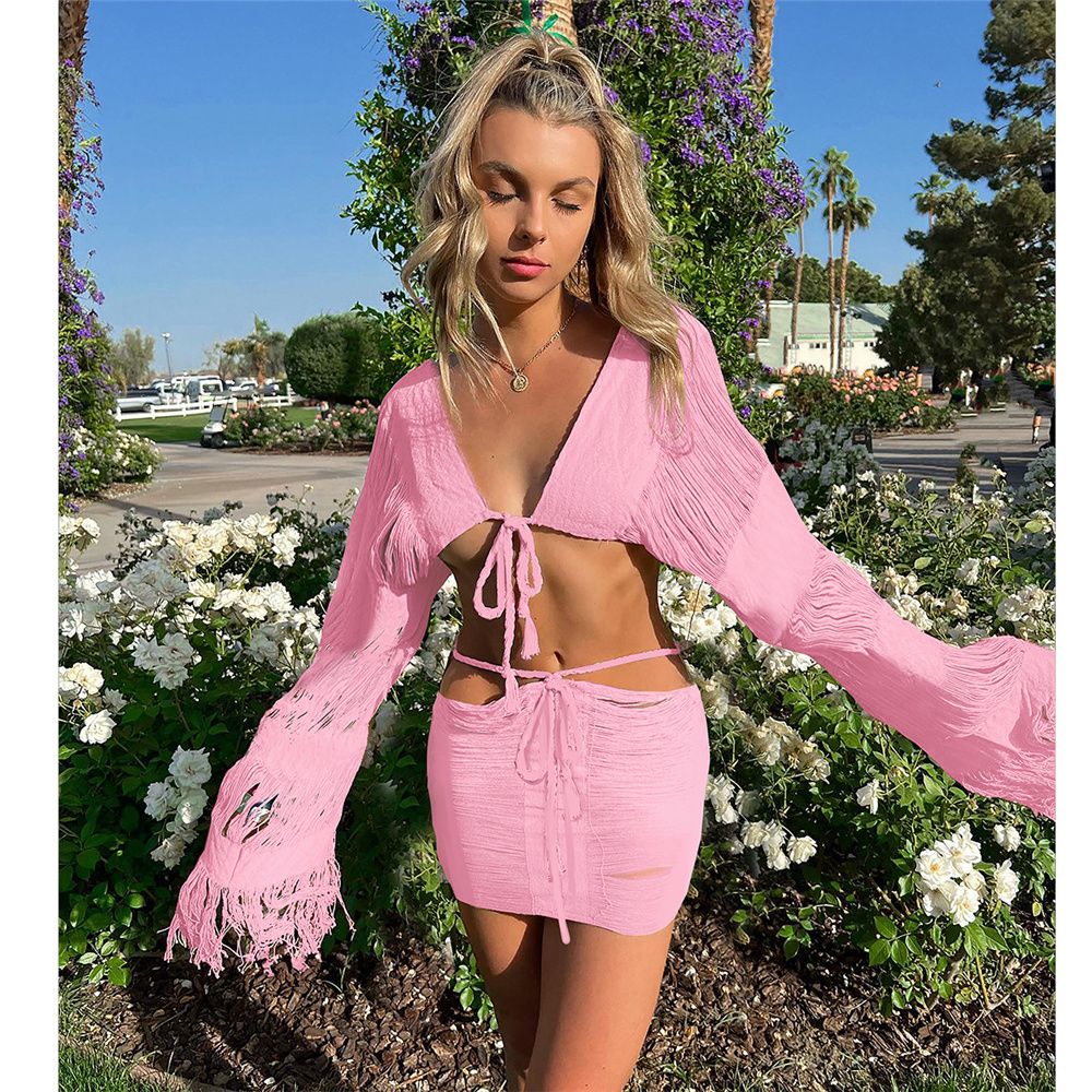 (W23S27171D1)2023 Crochet Beach Cover Up Sexy Bikinis Cover-ups Summer Hollow Out  Long Sleeve Top Tassel Bodycon Mini Skirt Set Party Dress SMA