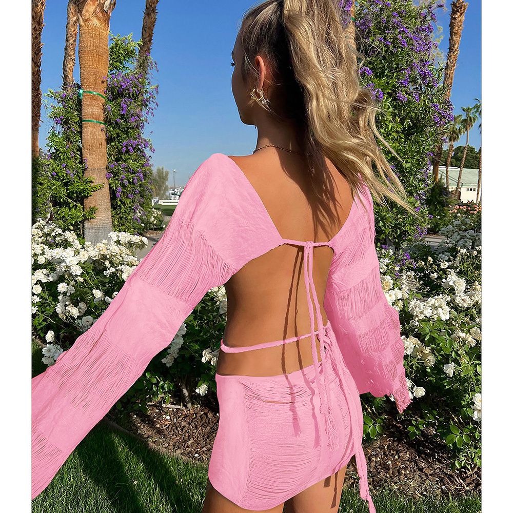 (W23S27171D1)2023 Crochet Beach Cover Up Sexy Bikinis Cover-ups Summer Hollow Out  Long Sleeve Top Tassel Bodycon Mini Skirt Set Party Dress SMA