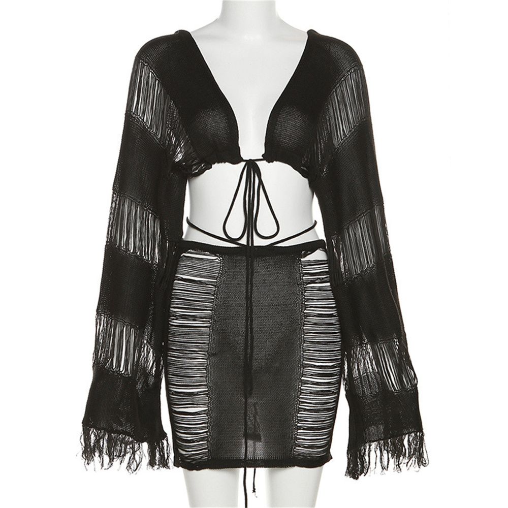 (W23S27171D1)2023 Crochet Beach Cover Up Sexy Bikinis Cover-ups Summer Hollow Out  Long Sleeve Top Tassel Bodycon Mini Skirt Set Party Dress SMA