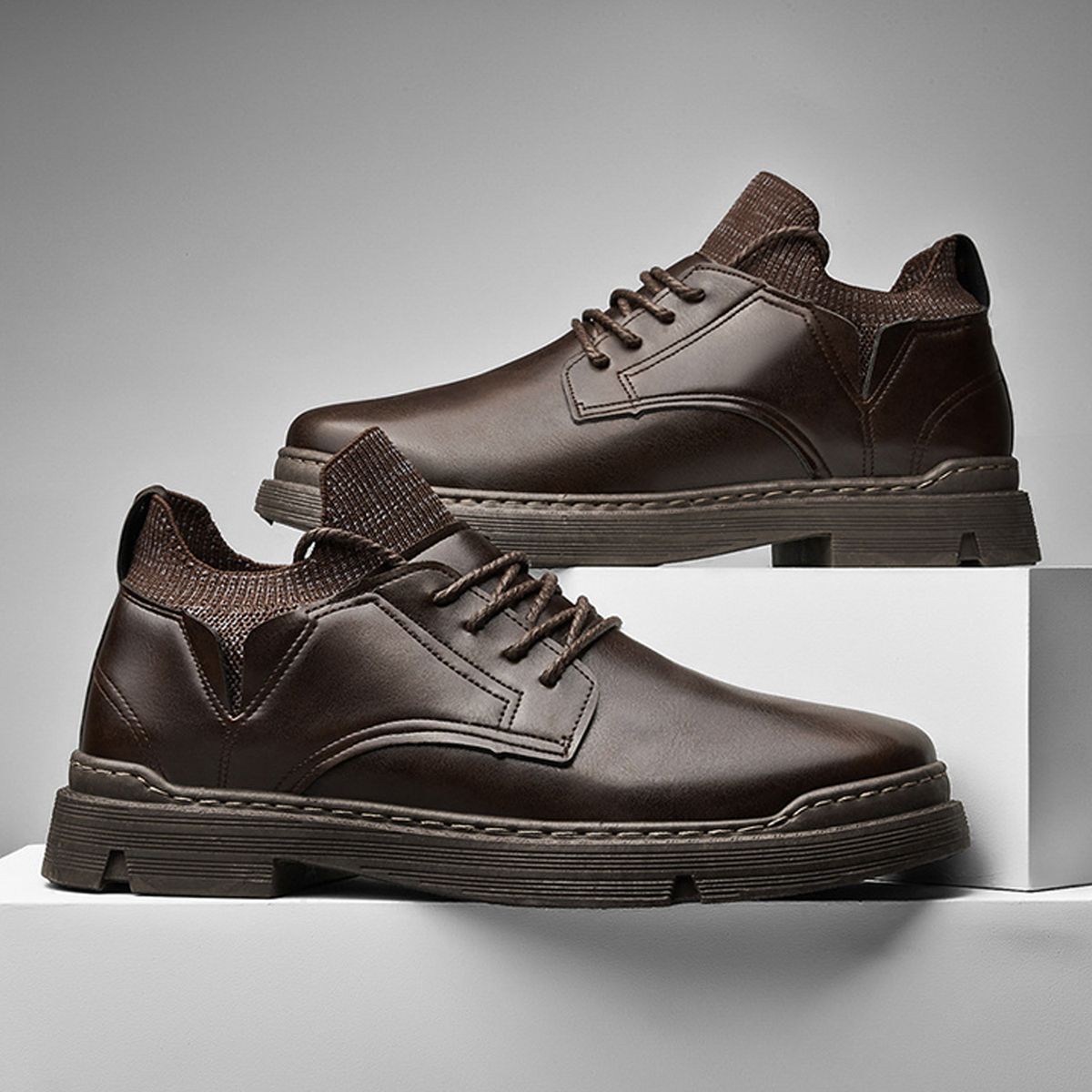 Men's Casual Leather Shoes With Soft Sole, Non Slip And Waterproof - Brown