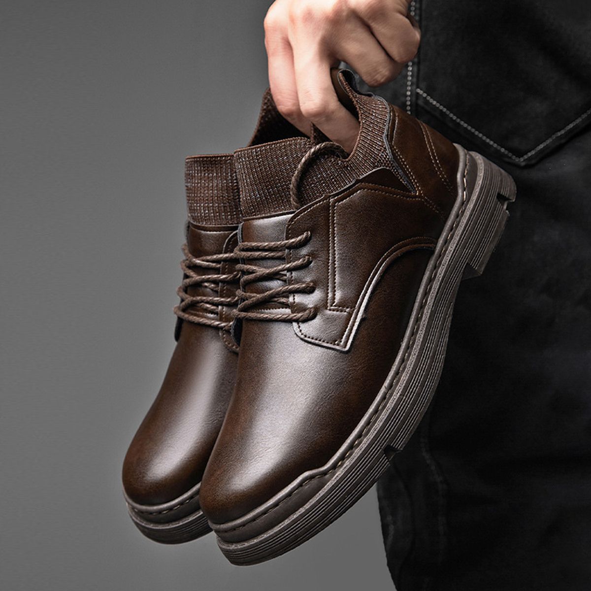 Men's Casual Leather Shoes With Soft Sole, Non Slip And Waterproof - Brown
