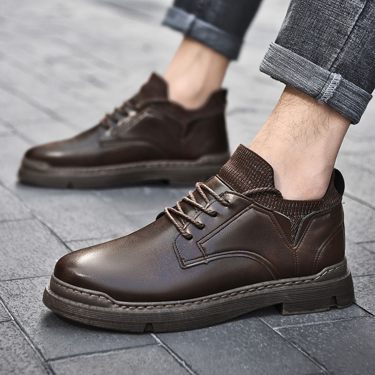Men's Casual Leather Shoes With Soft Sole, Non Slip And Waterproof - Brown