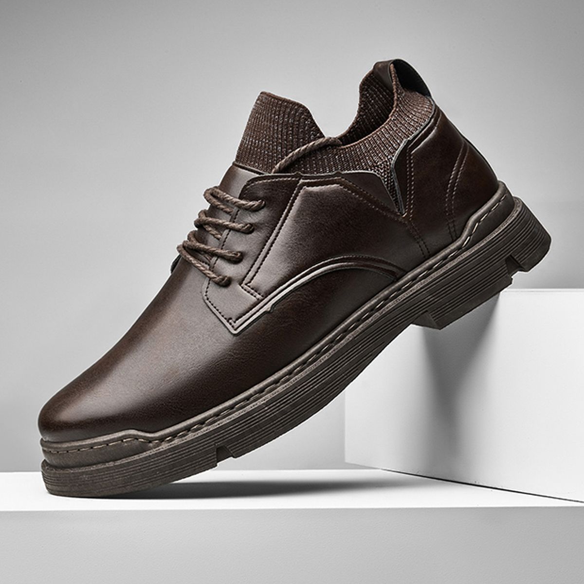 Men's Casual Leather Shoes With Soft Sole, Non Slip And Waterproof - Brown