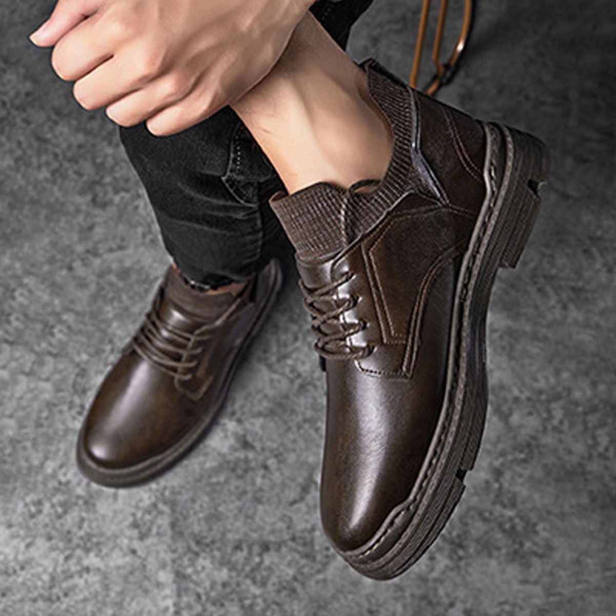 Men's Casual Leather Shoes With Soft Sole, Non Slip And Waterproof - Brown