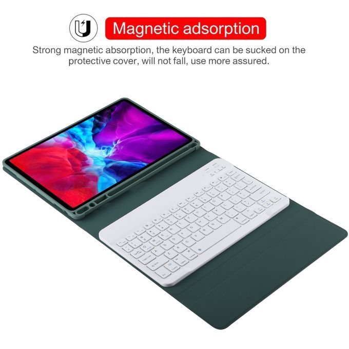 TG11B Detachable Bluetooth White Keyboard + Microfiber Leather Protective Case For IPad Pro 11 Inch (2020), With Pen Slot & Holder (Dark Green)