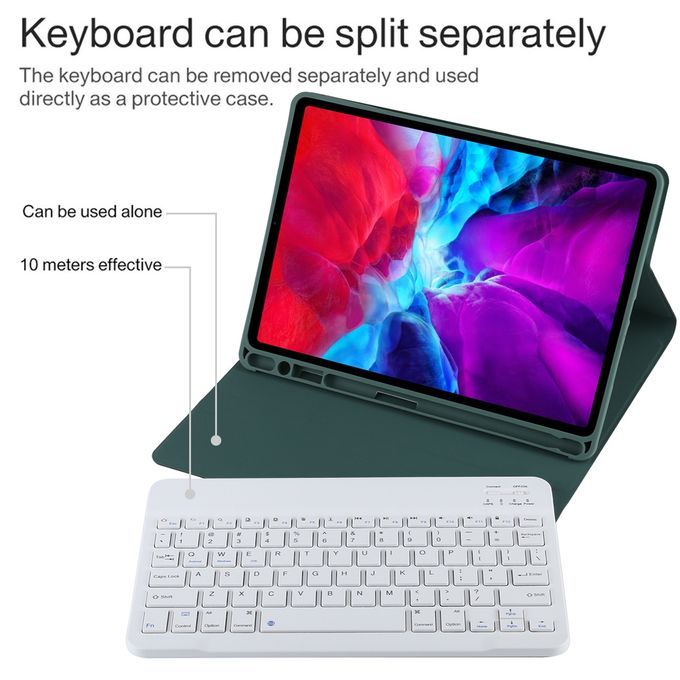 TG11B Detachable Bluetooth White Keyboard + Microfiber Leather Protective Case For IPad Pro 11 Inch (2020), With Pen Slot & Holder (Dark Green)