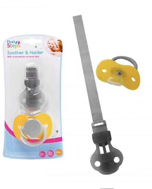 Soother And Holder Set Yellow/Grey 0m+