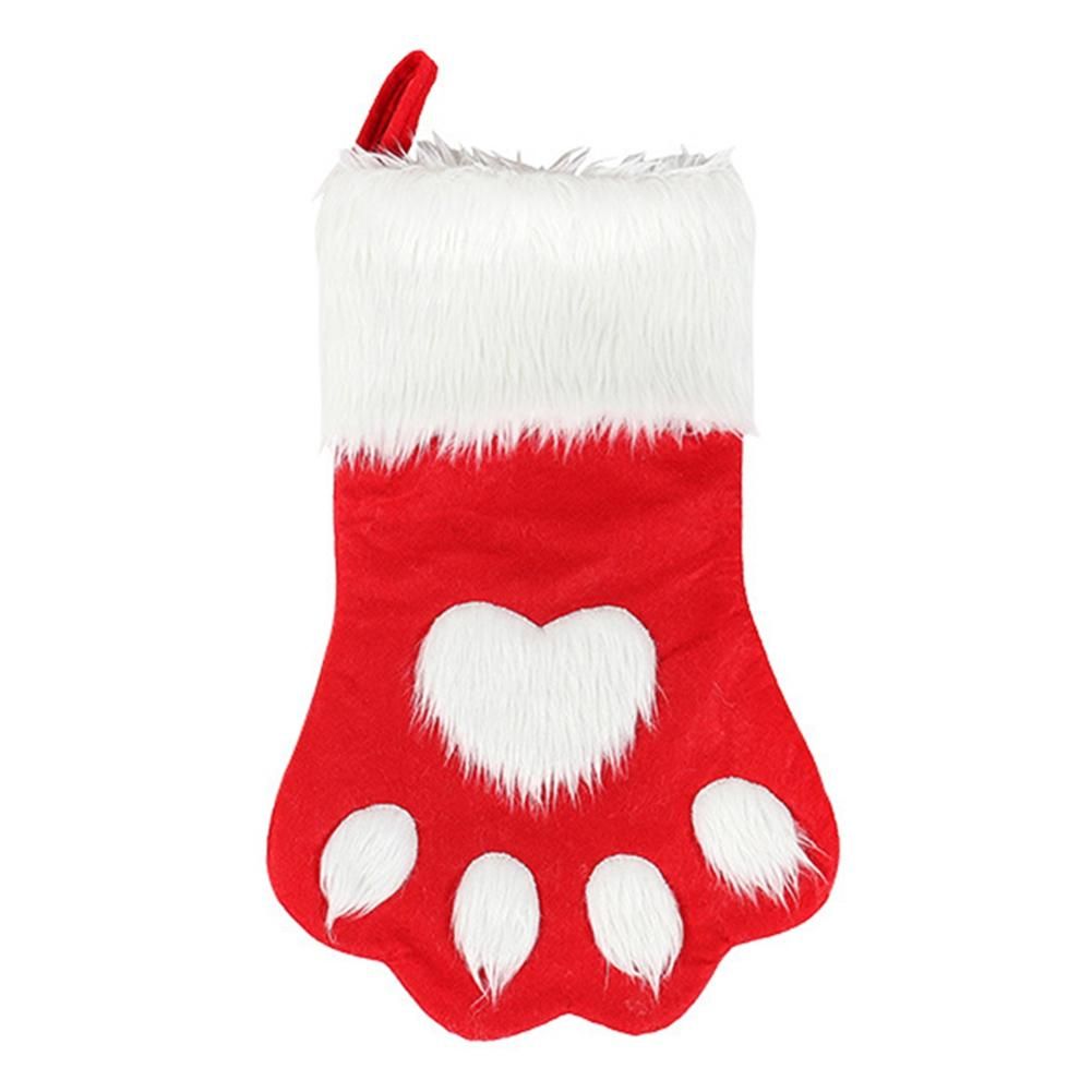 Christmas Paw Pattern Stocking Gift Sock Bag Home Party-Red