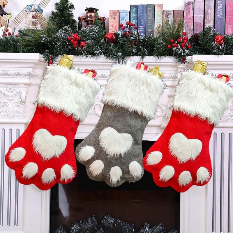 Christmas Paw Pattern Stocking Gift Sock Bag Home Party-Red