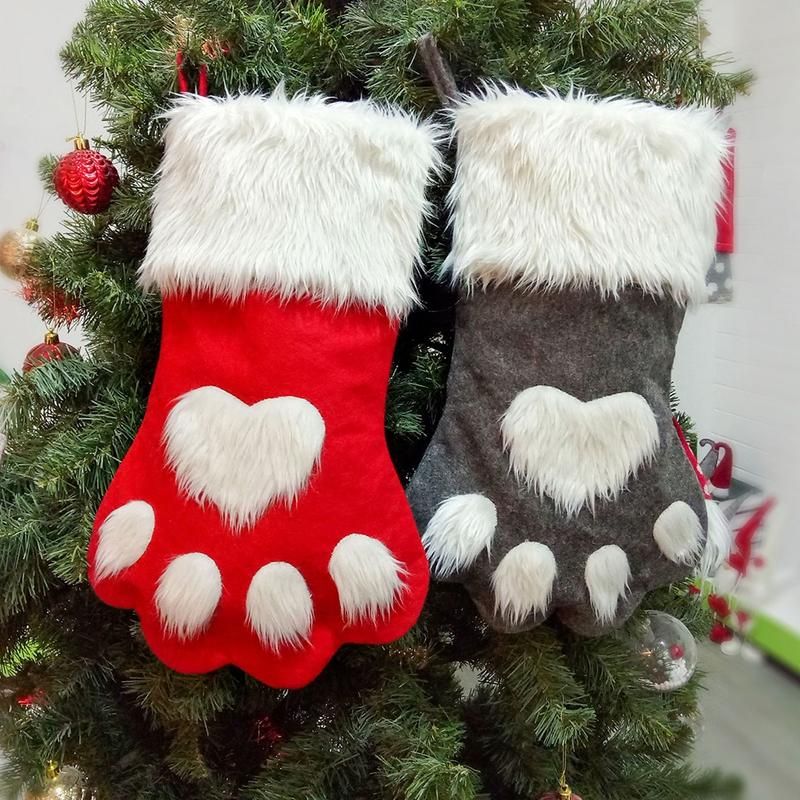 Christmas Paw Pattern Stocking Gift Sock Bag Home Party-Red