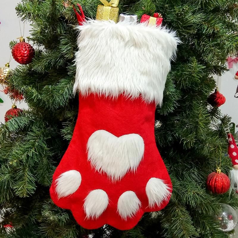 Christmas Paw Pattern Stocking Gift Sock Bag Home Party-Red