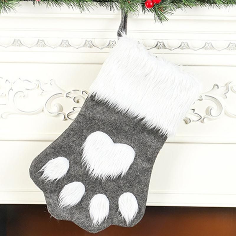 Christmas Paw Pattern Stocking Gift Sock Bag Home Party-Red