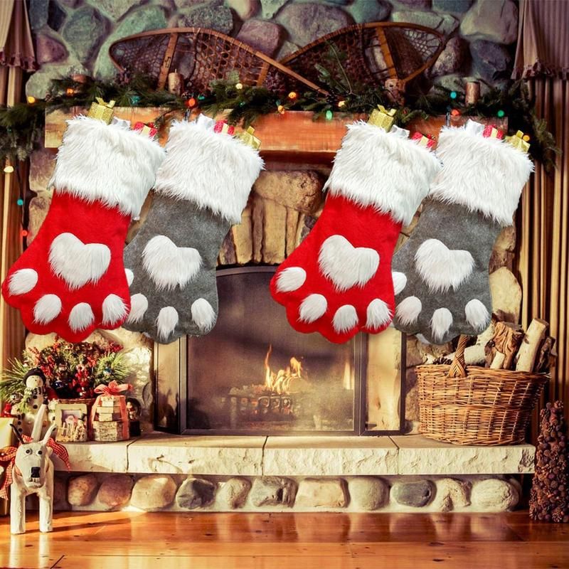 Christmas Paw Pattern Stocking Gift Sock Bag Home Party-Red