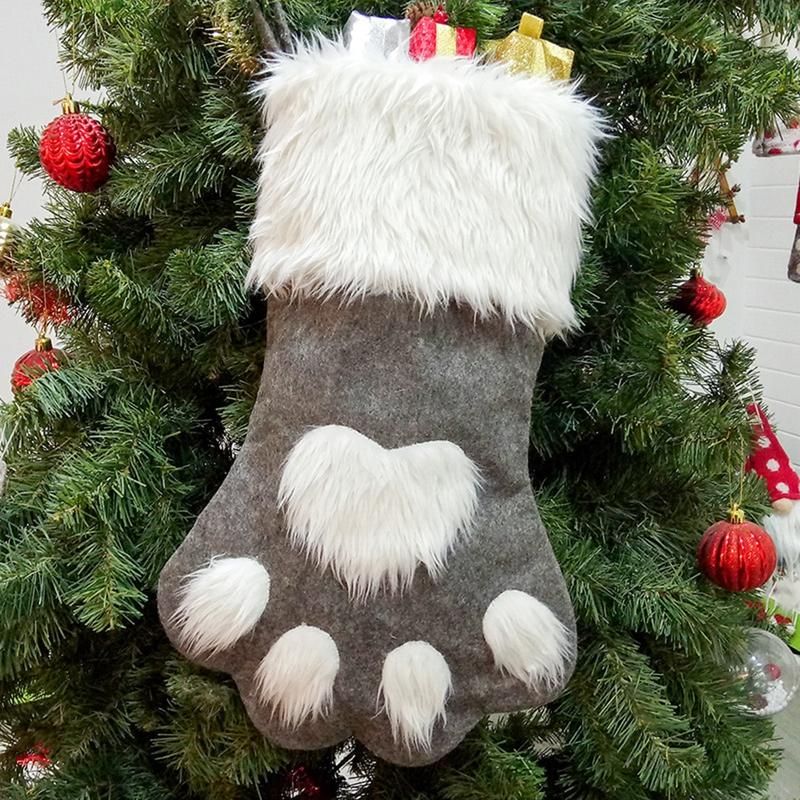 Christmas Paw Pattern Stocking Gift Sock Bag Home Party-Red