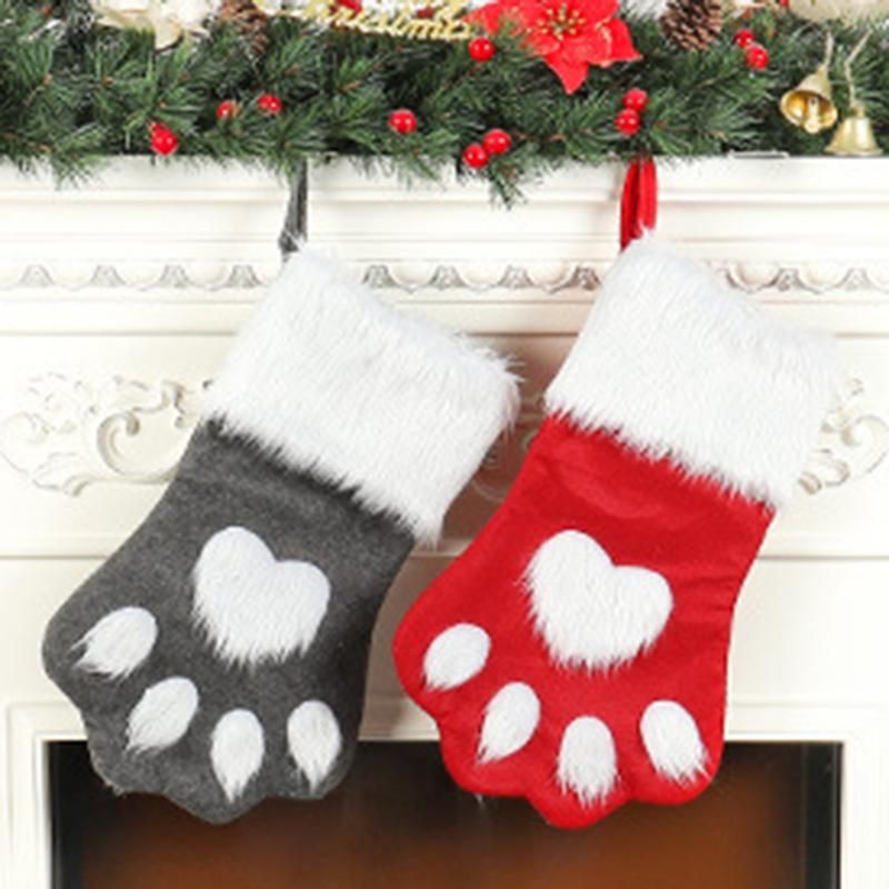 Christmas Paw Pattern Stocking Gift Sock Bag Home Party-Red