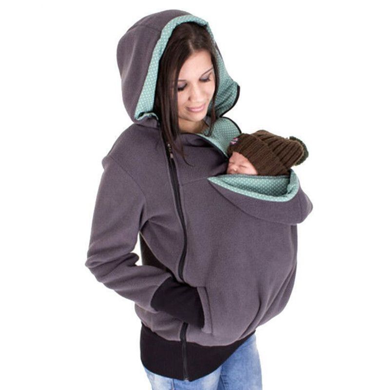 Hands Free Parenting Child Woman Kangaroo Hoodies With Baby Carrier Winter Pregnant Sweatshirts With Parent Gray