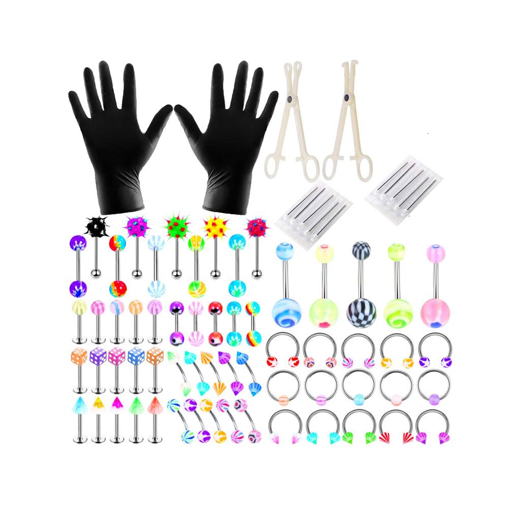 74 Pcs Steel Acrylic Belly Tongue Body Piercing Jewelry Kits